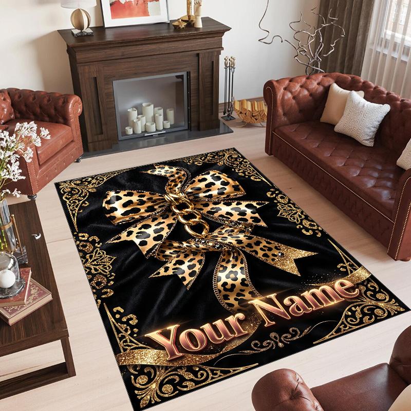 Leopard Theme Crystal Velvet Floor Rug Personalized Custom Name Text Warm Carpet Home Decoration