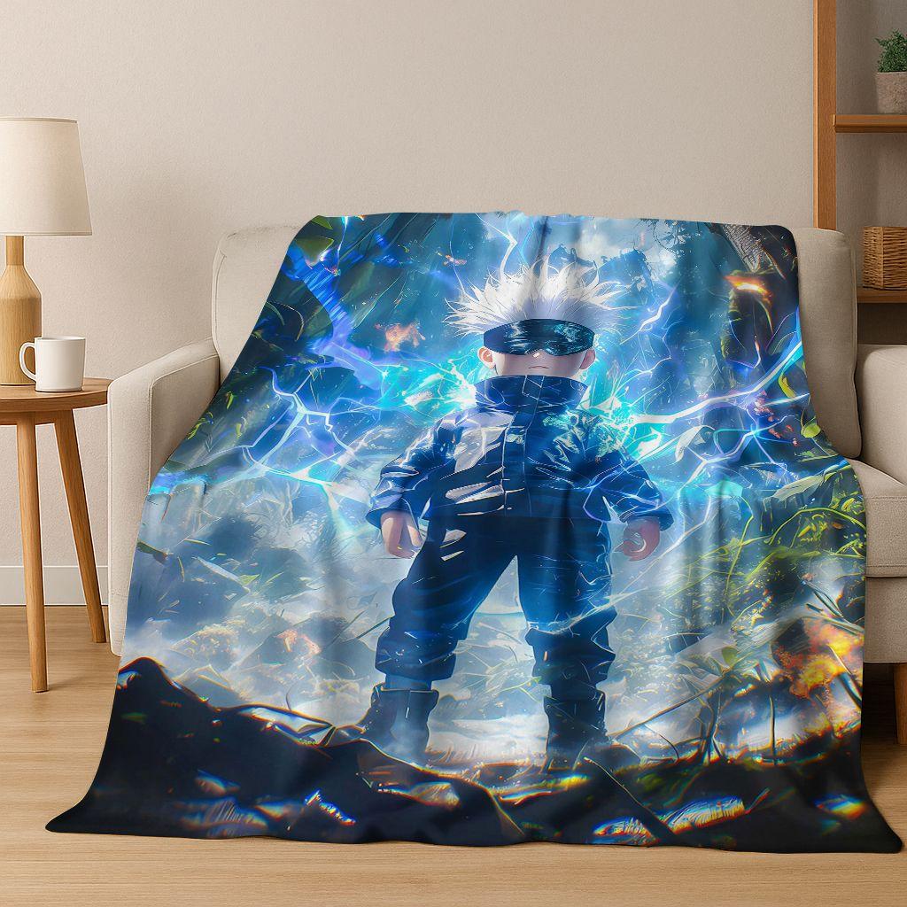 Anime Jujutsu Kaisen Yuji Satoru Kreskówkowy Koc Flanelowy, Przytulny Miękki Koc Rzutowy do Domu Sypialni Łóżka Kanapy Pokrowiec Piknikowy Prezent Dziecko
