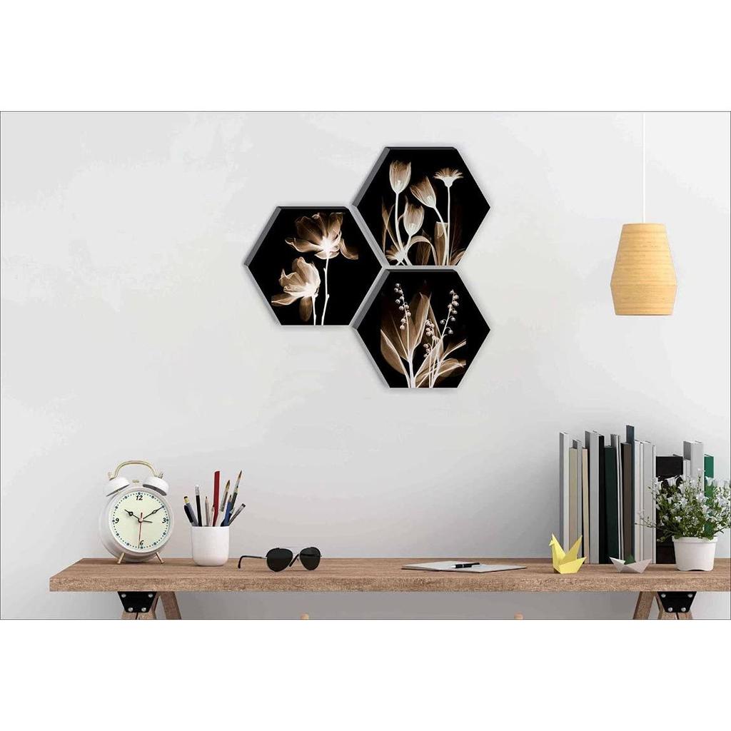 Set of 3 Hexagon Preety White Flower UV Textured MDF Home Decorative Gift Item Painting 17 Inch X 17 Inch