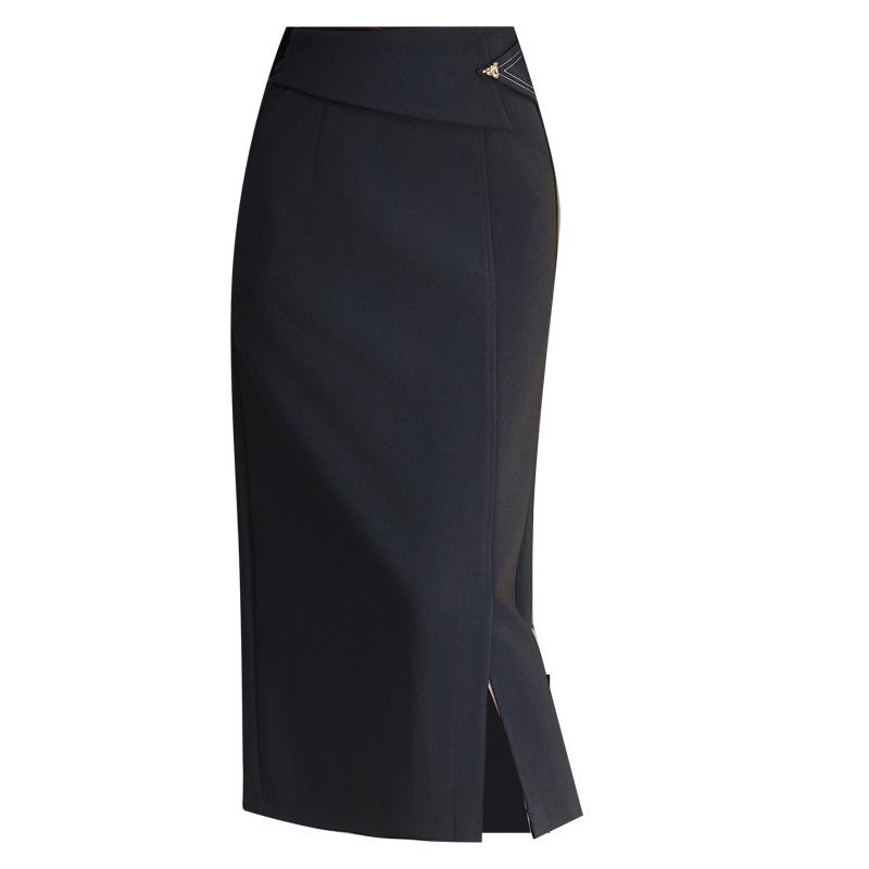 Slim-Fit Stretchy Black High-Waist Slit Midi Skirt for Women