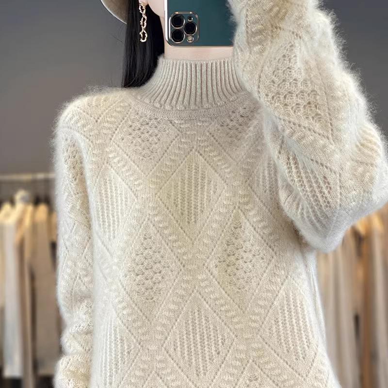 Temperament Casual Höst och Vinter Halvpolokrage Damtröja Ny Stil Västerländsk Stil Inre Stickad Topp