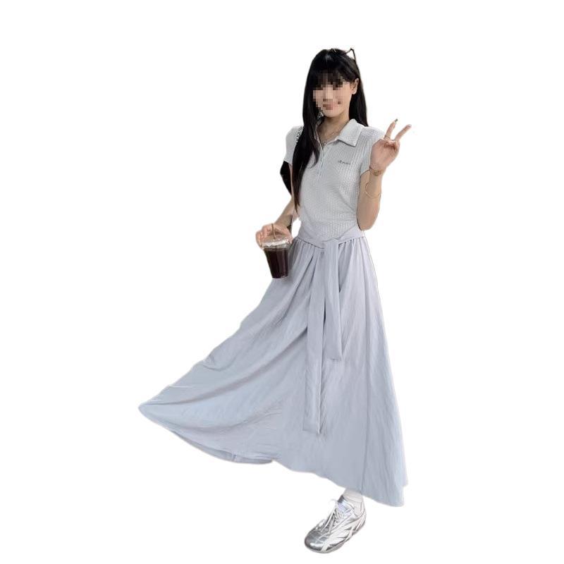 Short Sleeve POLO Neck Tie Button Splicing Dress Women's Summer New Niche Design Sense Skinny A-shaped Long Dress