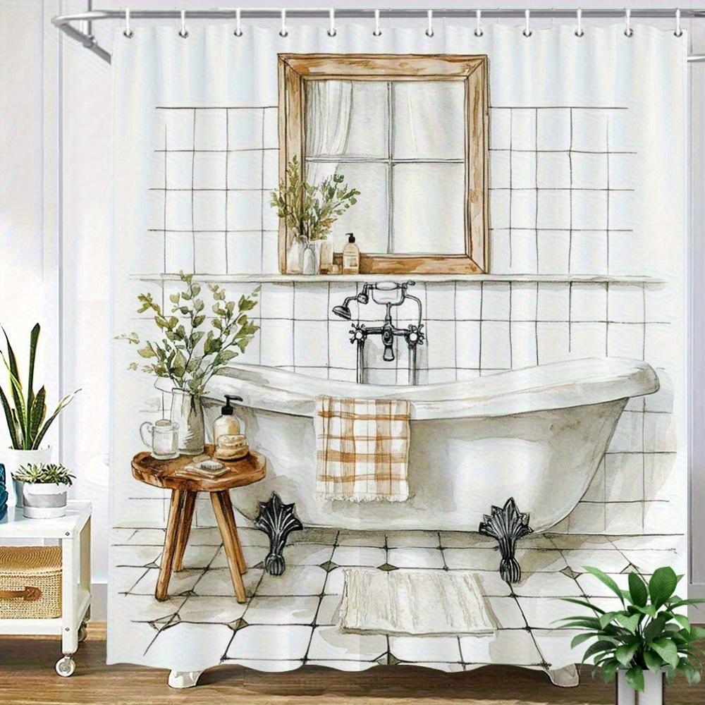 

Retro Clawfoot Tub Shower Curtain – Watercolor Bathroom Scene With Wooden Mirror, Green Plants & Tile Wall, 12 Hooks, W60H190(CM)-1 Pcs