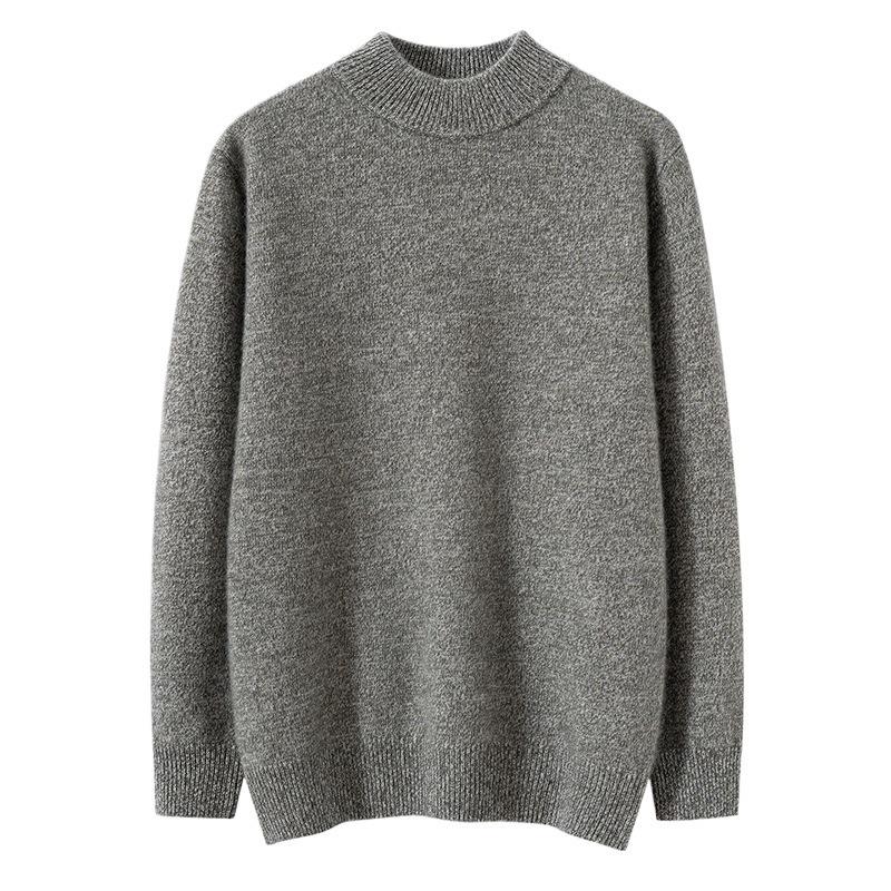 Men's Thickened Cashmere Sweater, Half-High Neck Pullover, Heather Yarn, Long Sleeves, Warm Base Layer
