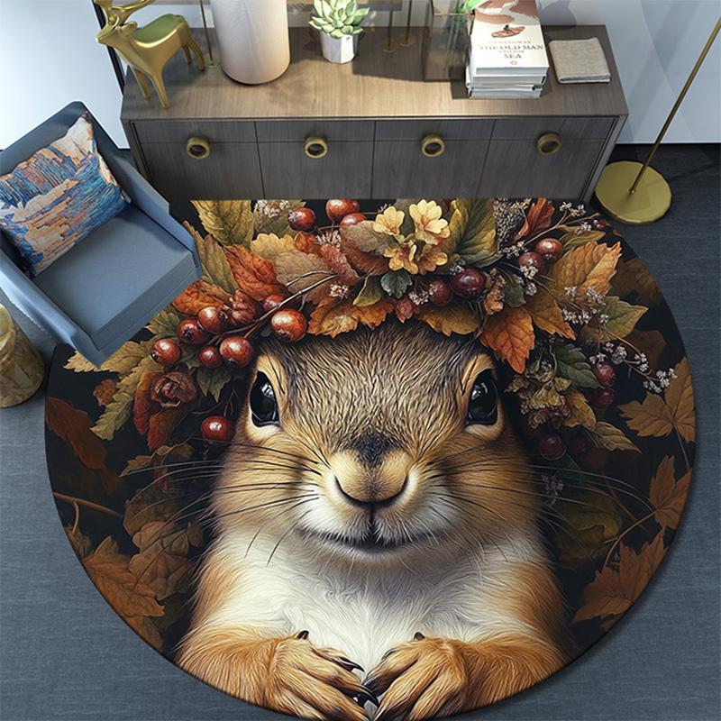 Herbst-Eichhörnchen Runder Teppich, Teppich für Wohnzimmer Schlafzimmer Sofa Spielzimmer Dekor, Rutschfeste Fußmatte