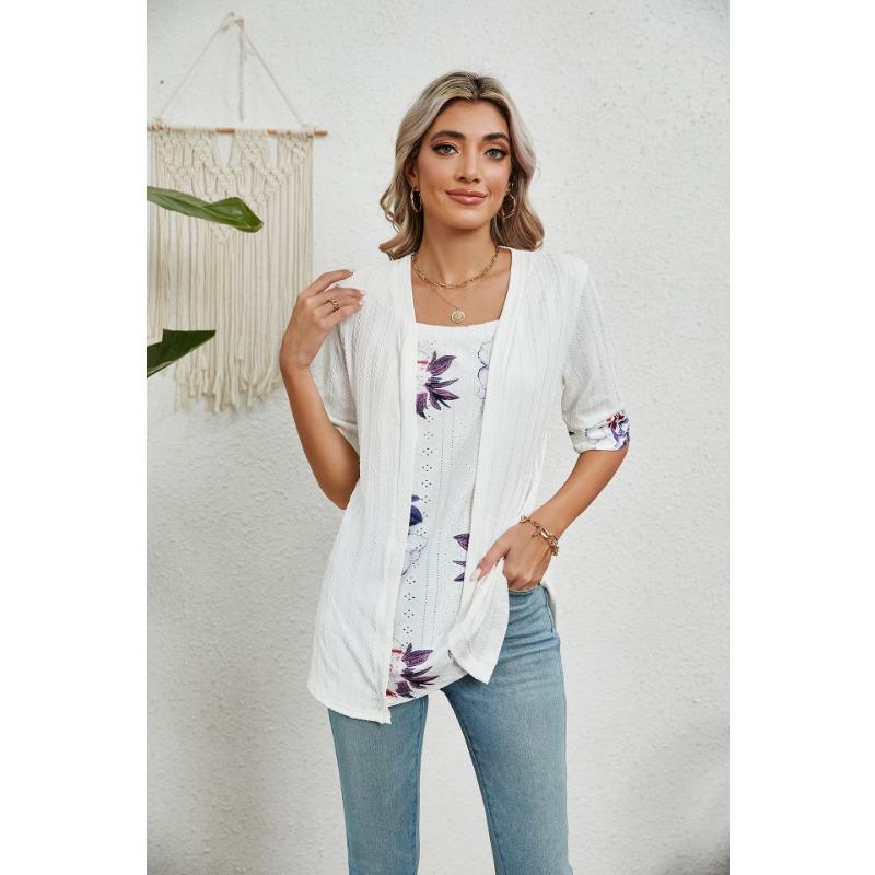 Camiseta feminina de verão com estampa falsa de duas peças, gola quadrada, manga média