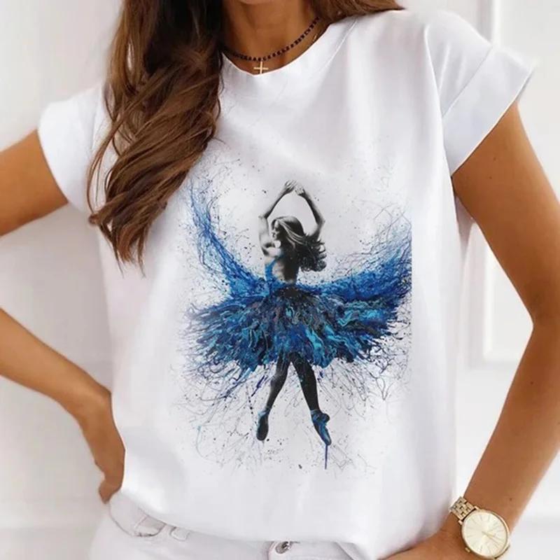 Stylish African Womens Watercolor Ballerina Girl Cute Cartoon Short Sleeve Tshirt Summer Tops Vintage Clothes Oversized Tee