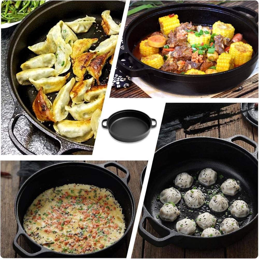 Cast Iron Skillet Round Non Stick Cast Iron Pan with Double Handles for Gas Electric Induction Oven Flat Outdoor Cooking Camping