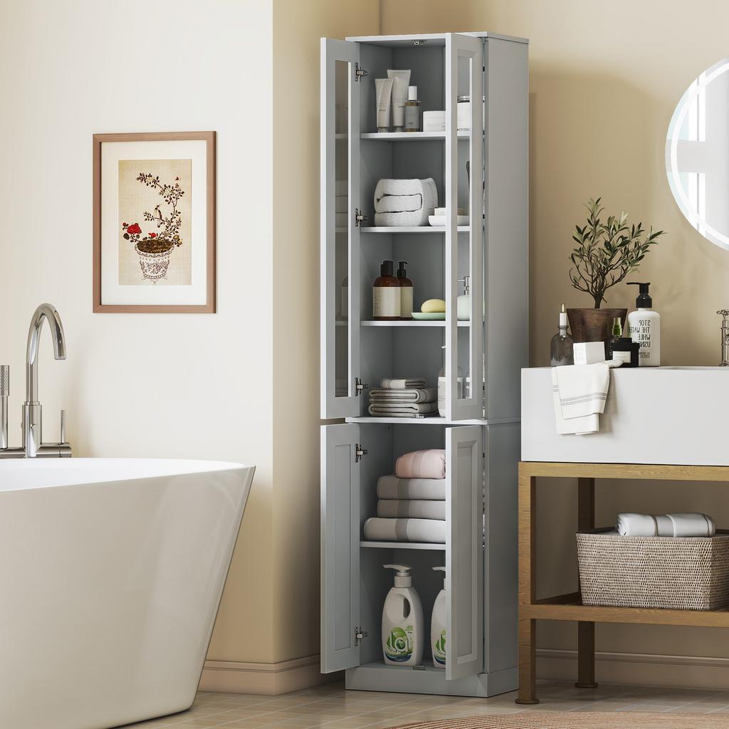 Tall Bathroom Storage Cabinet, 6-Tier Slim Bathroom Cabinet with Adjustable Shelf, 4 Soft-Close Doors, Dusty Blue