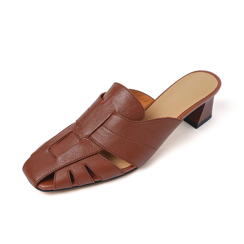 

2024 Новые элегантные женские туфли-лодочки из натуральной кожи на толстом высоком каблуке, весна-лето, удобная повседневная обувь, женские тапочки Muller, сандалии 34 коричневый