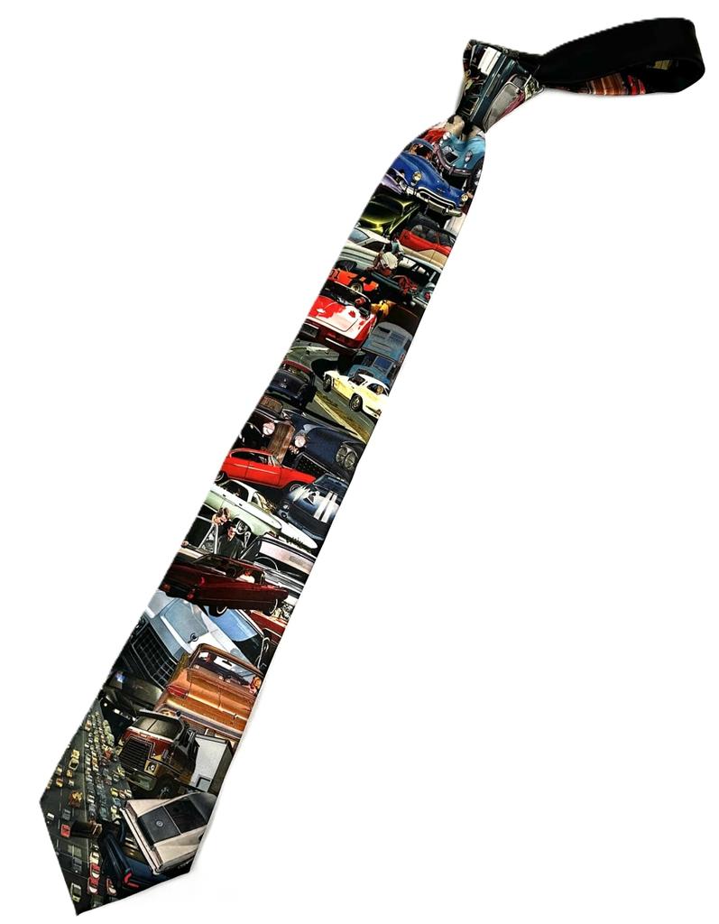[HANG OVER] Necktie, Car, Classic Car, Vintage Car Pattern, Silk Touch Polyester, 8cm Wide, All-over Print, Motorsport Style, Men's Gift, Tie2602-05