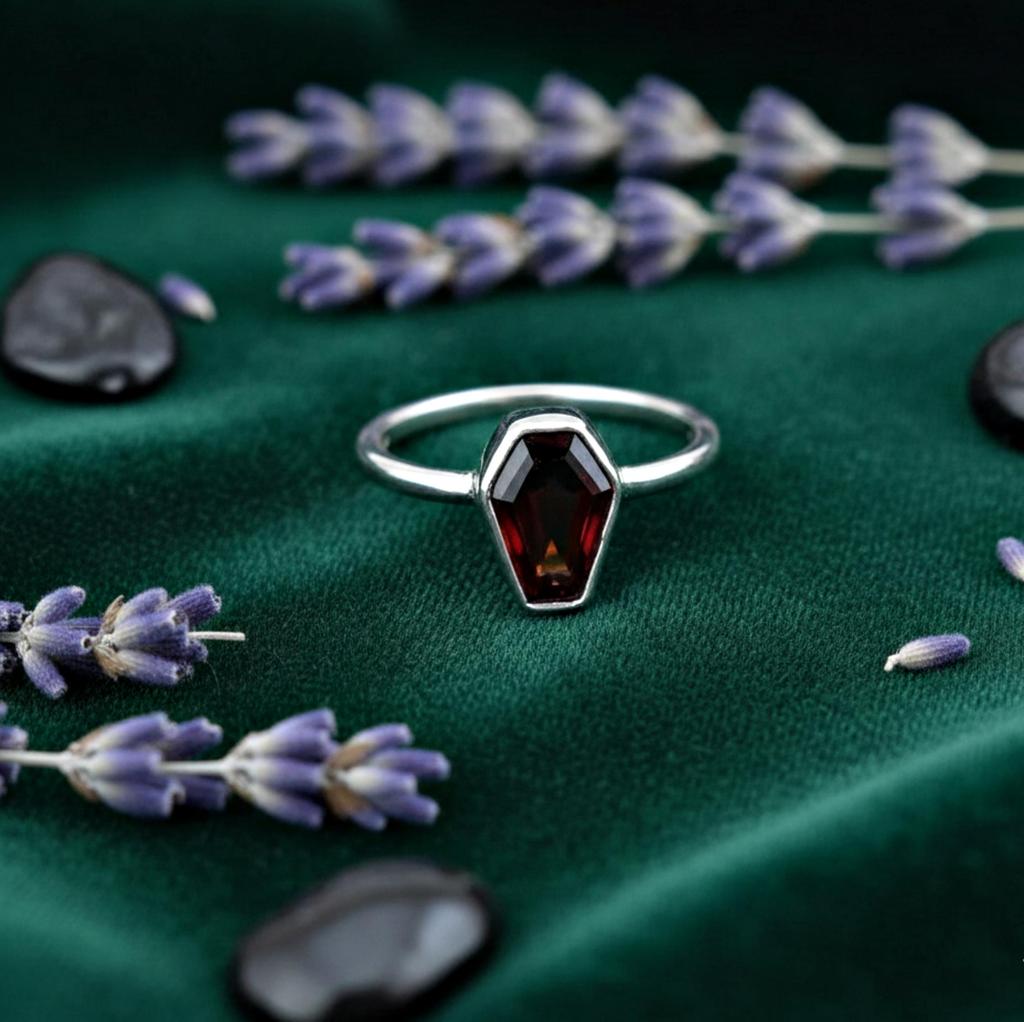 Tiny Coffin Ring, Garnet Ring, 925 Solid Sterling Silver, Handmade Jewelry, Red Gemstone, Women Ring, Gift for Her