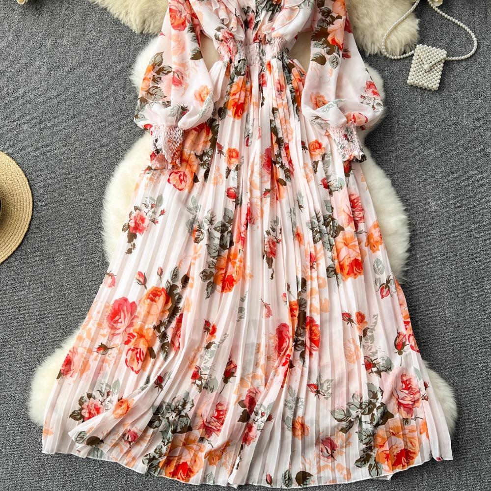 Kobiety słodkie dekolt w serek latarnia rękaw vintage print francuski styl slim fit szyfonowe sukienki dresowe plisowane duży rozkloszowany szlafrok sukienka