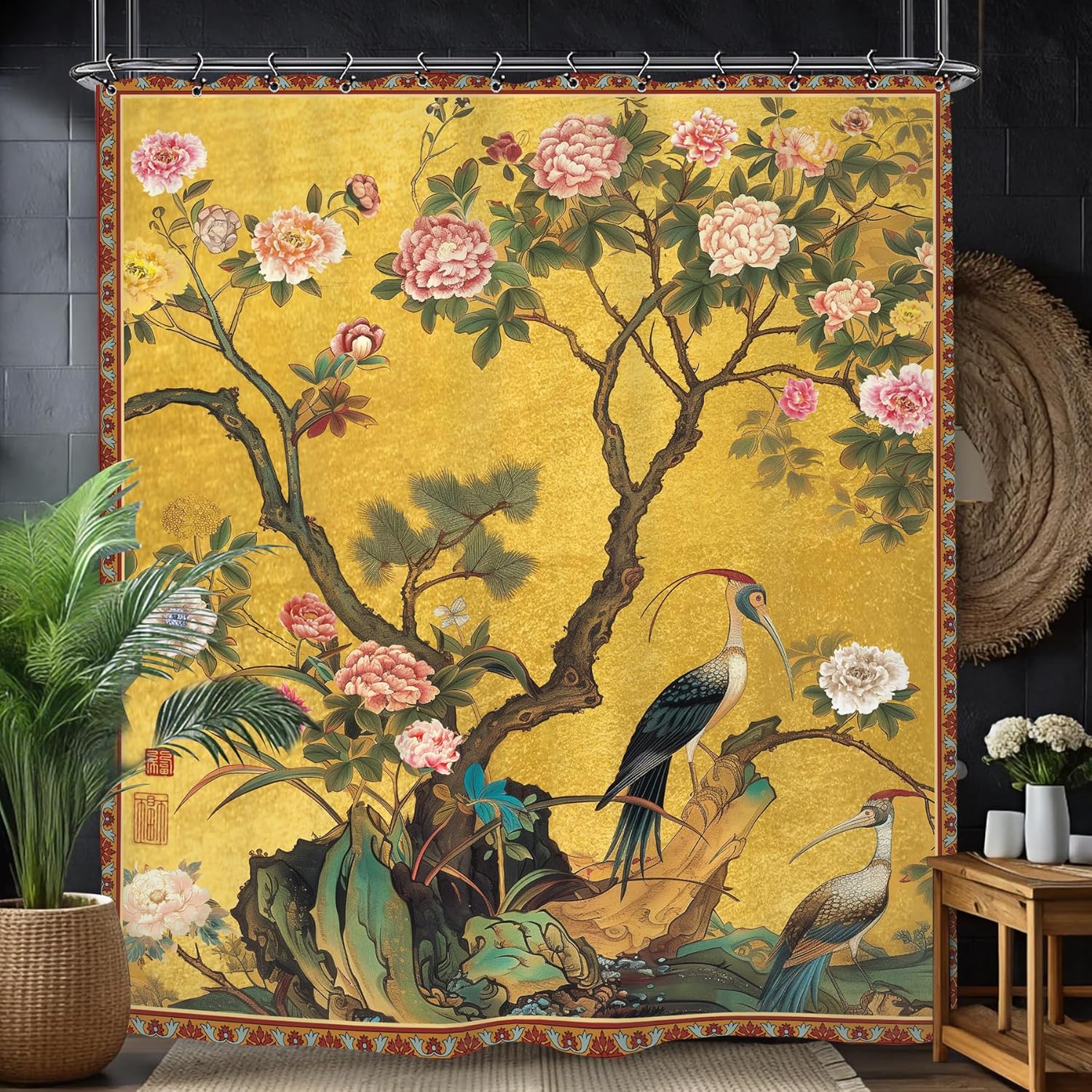 

Vintage Flower Floral Bathroom Shower Curtain Retro Crane Chinese Botanical Art Polyester Fabric 12 Plastic Hooks Waterproof 90x180CM