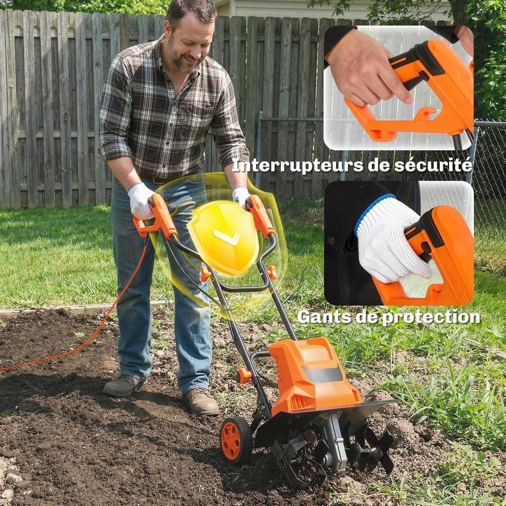 Electric Tiller, 1500 W, 6 Blades, 40 cm Tilling Width, Orange