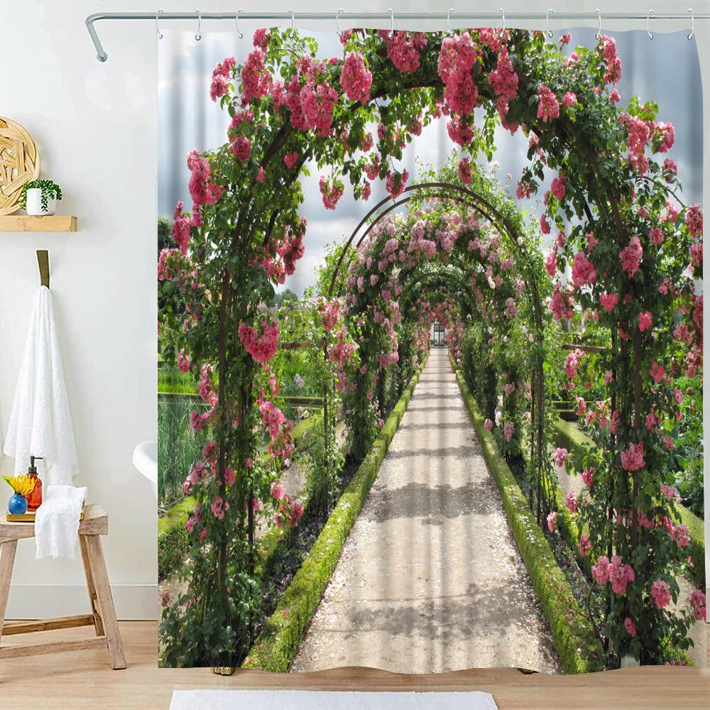Garden Shower Curtains Arched Door Flowers Plants Floral Bathroom Decorations Nature Scenery Polyester Bath Curtain With Hooks