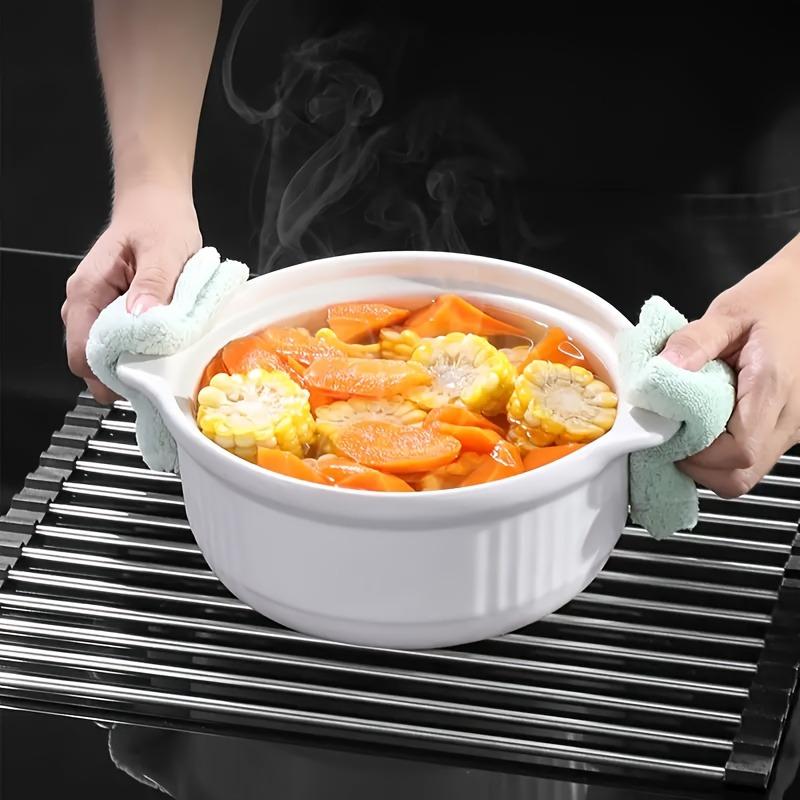 Premium stainless steel roll-up dish drying rack, space-saving, rust-resistant, easy-clean over-sink kitchen organizer.