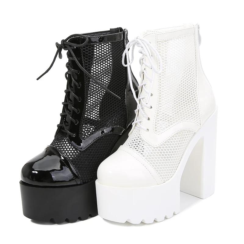 Fashion Women Mesh Breathable Party Female Thick High Heels Lace-up White Summer Black Sexy Ladies Sandals Ankle Boots Shoes
