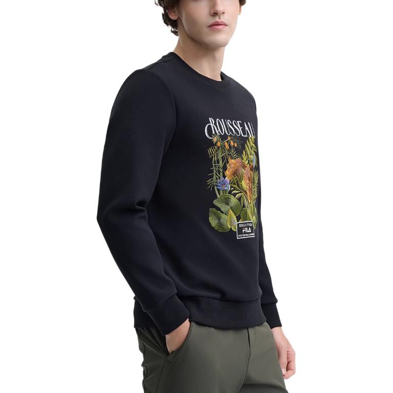Fila X Rousseau Seria Dziedzictwo Modny Wygodny Sweter z Okrągłym Dekoltem Bluza z Długim Rękawem Męska Bluza Czarny F11M448212F-BK