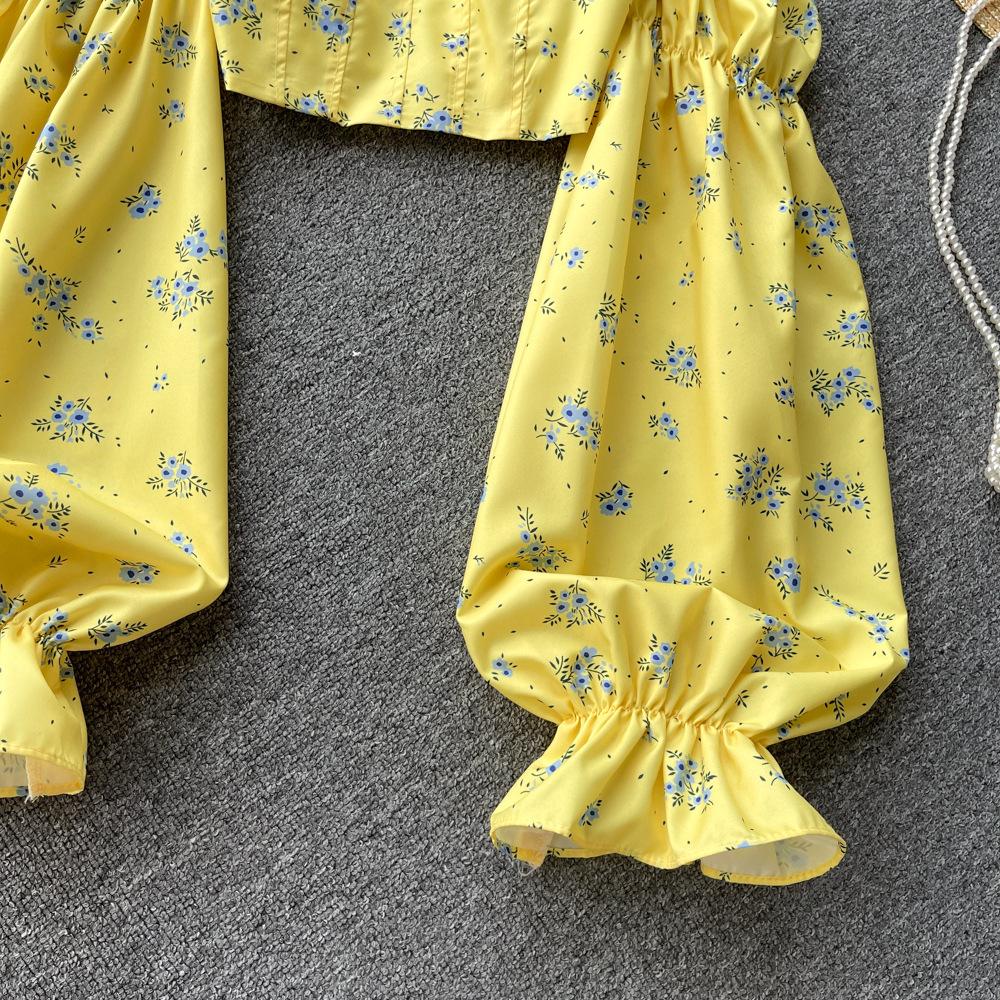 Women's Spice Girl One Shoulder Breasted Long Sleeve Shirt Backless Sweet Floral Short Temperament Top