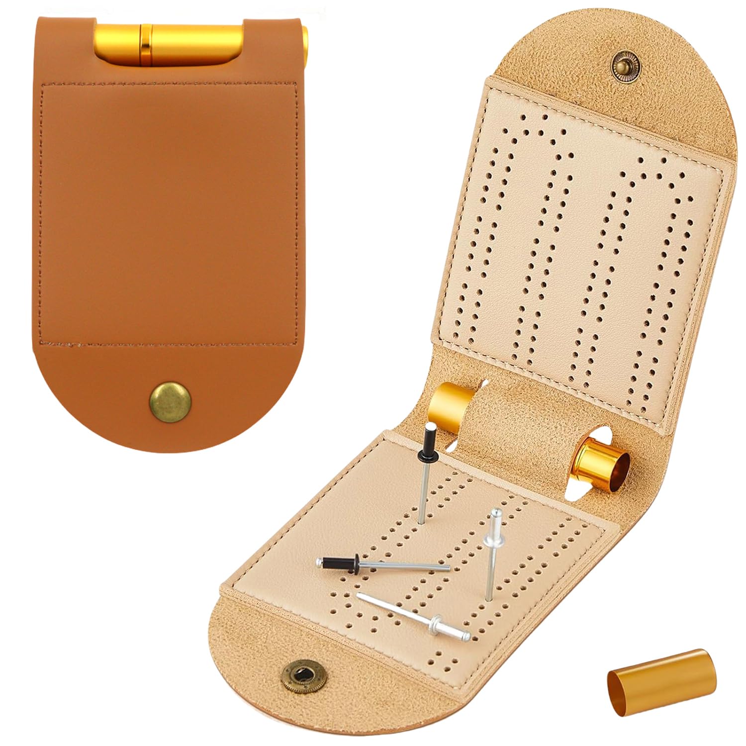 Travel Cribbage Board Game Set, Portable Cribbage Boards Unique 2 Track Cribbage Board, Foldable PU Mini Cribbage Board with 4 Cribbage Pegs,