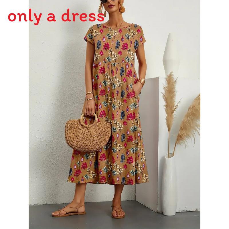 Cotton Linen Floral Print Summer Dress With Round Neck For Women