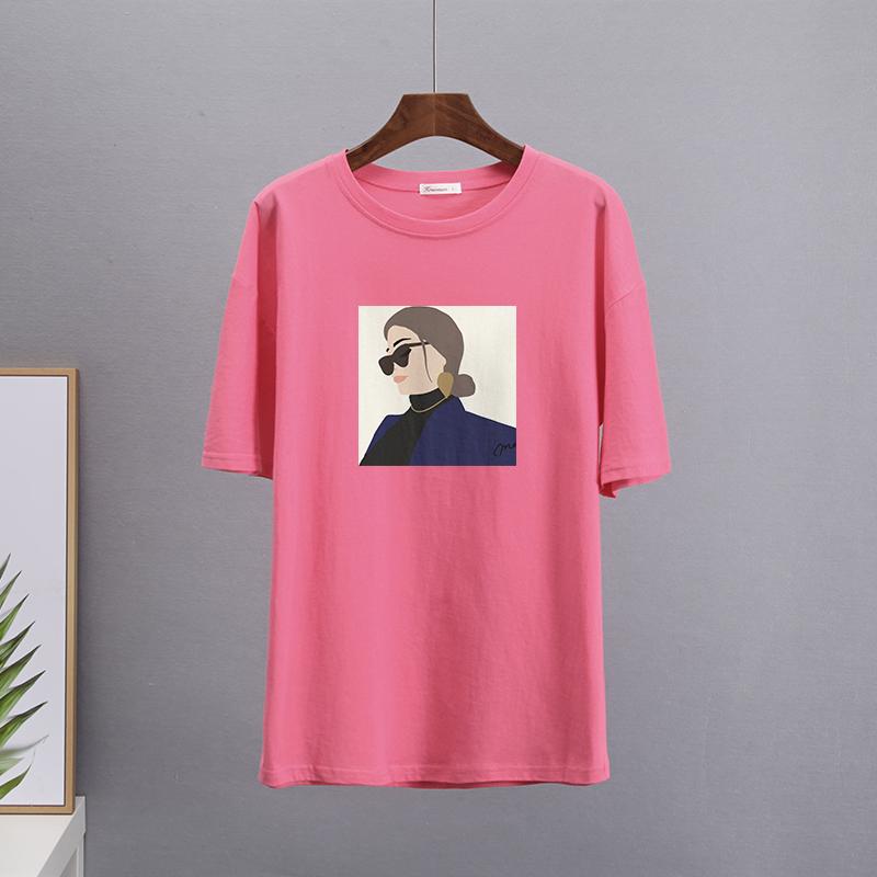 Hirsionsan Elegant Character Printed T Shirt Women Summer Chic Casual Tees Cotton Jumper Clothes Oversized Pullover Female Tops