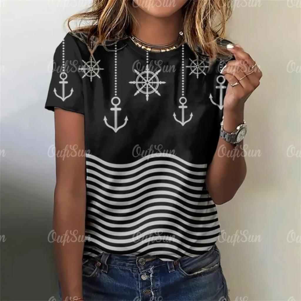 T-Shirt im neuen Stil für Frauen mit Anker-Print, Sommer-Übergröße, T-Shirts für Damenbekleidung, O-Ausschnitt, Damenmode, Übergröße