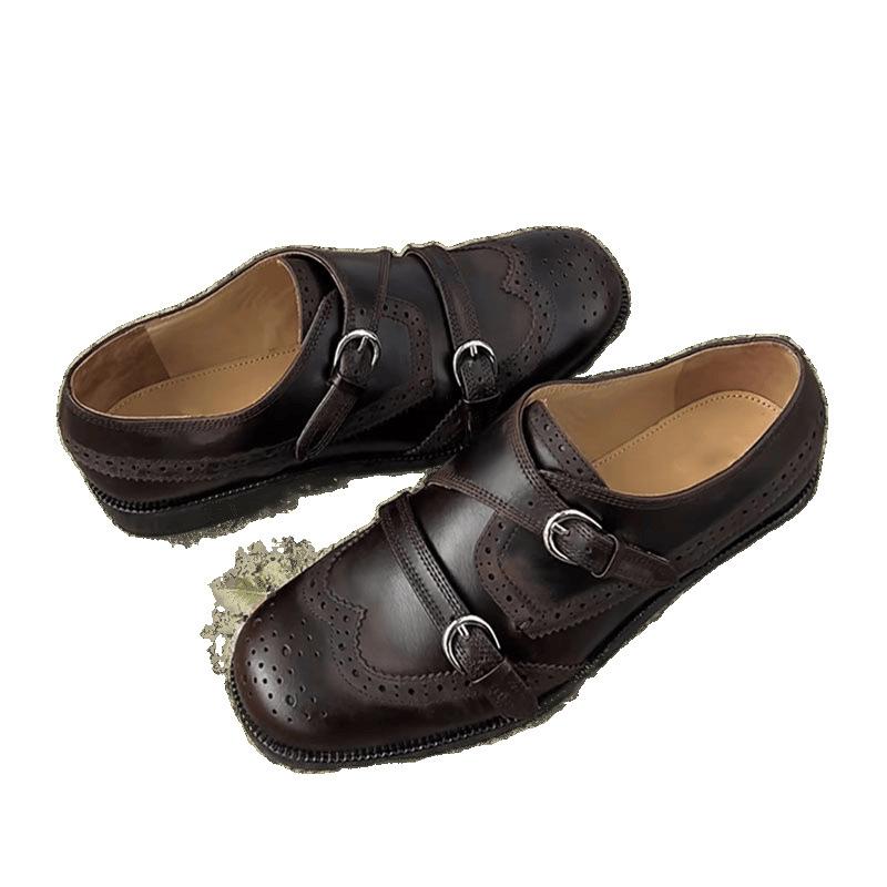 Heavy Industry Polished Hand-carved Cowhide Women's Niche Thick Heel Thick Sole Brock Small Leather Shoes Single Shoes