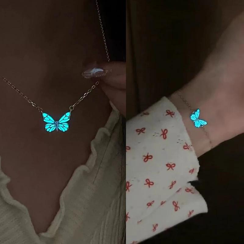 Glow In The Dark Pendant Necklace Bracelet Mermaid Spiral Fashion Jewelry Night Necklace Butterfly Necklace Women Jewelry