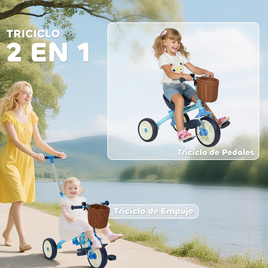 2-in-1 Baby Tricycle for 2-5 Years with Parent Handle Non-Slip Pedals, Foldable Footrests and Basket Blue