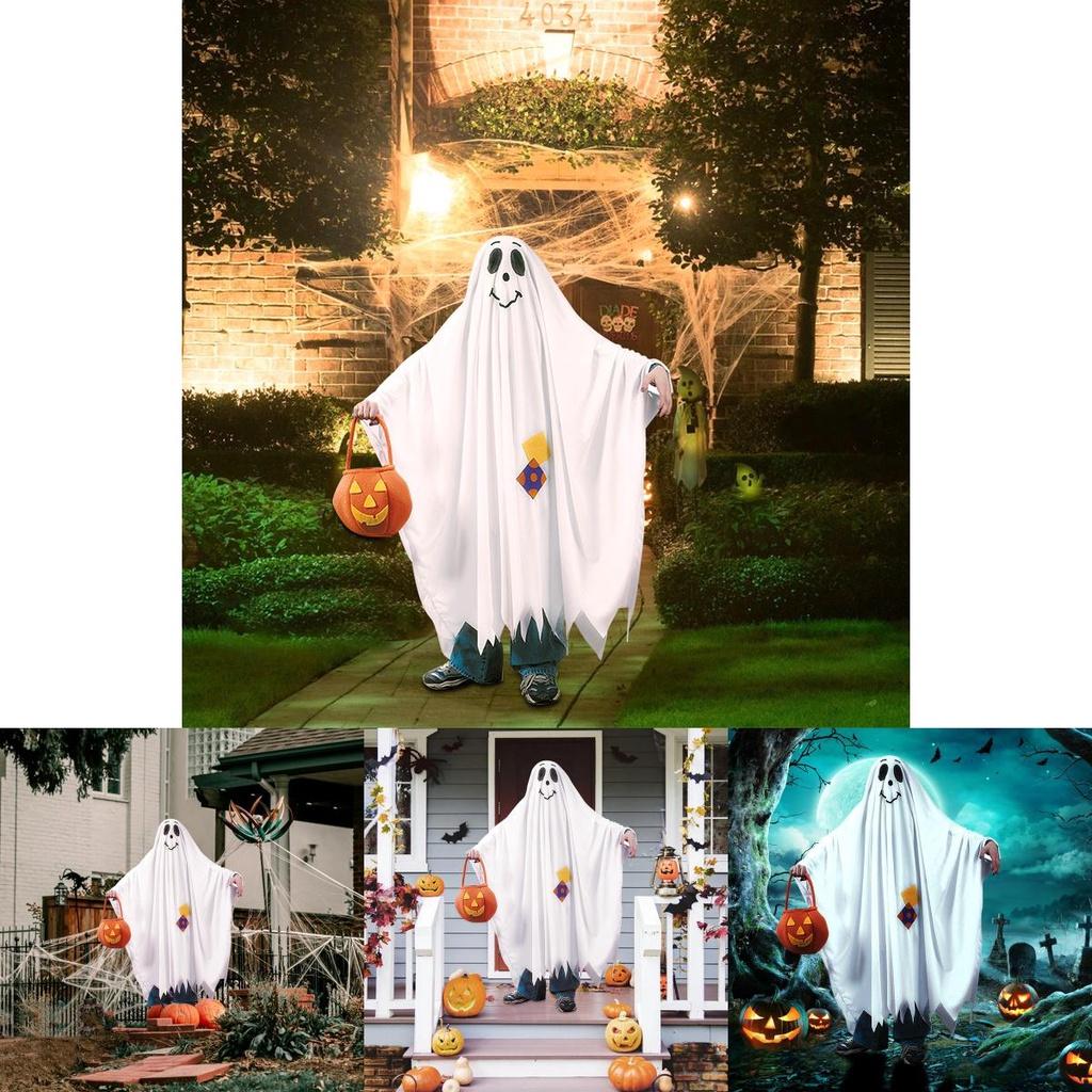 Spooky Halloween Ghost Cosplay Costume With Pumpkin Candy Bag For Kids