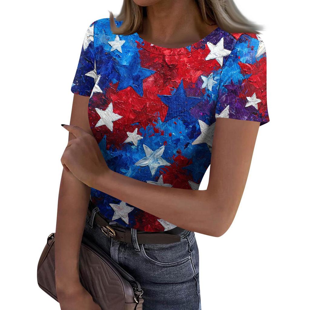 Women's Casual Fashion Round Neck Independence Day Print Short-Sleeve Ribbed Top