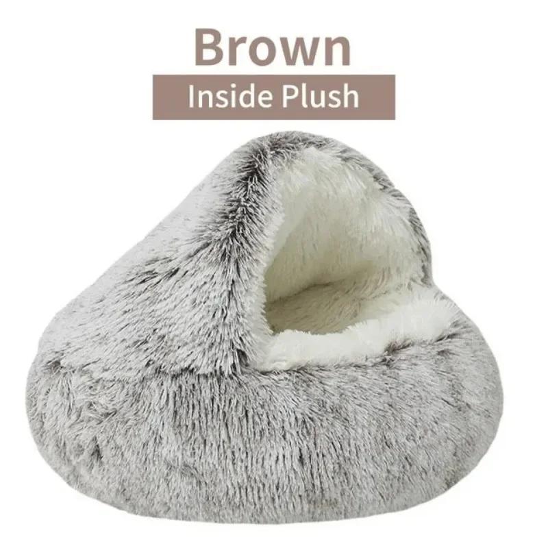 Warm Long Plush Pet Bed Round Cats Cushion Cat House 2 in 1 Comfortable Sleep Bag Enclosed Round Cat Cushion House Warm Basket