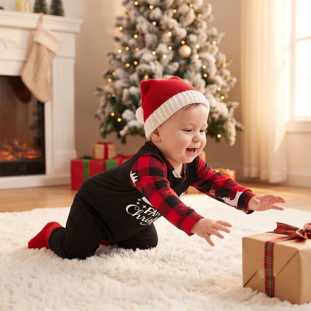 Family Matching Christmas Print Crewneck Long Sleeve Top and Pants Loungewear Set,