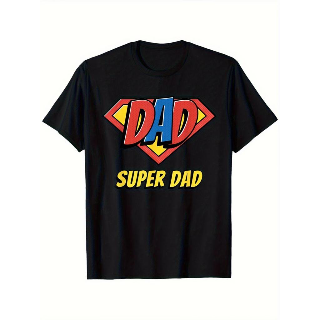 Men's Super Dad Comic Style "Best Dad Ever" Father's Day T-Shirt, Single-Sided Print, Black Short-Sleeve Tee, Father's Day