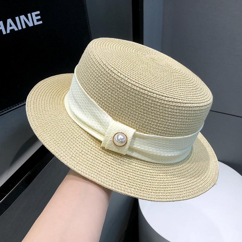 Sunscreen Hat Women's French Flat-top Pearl Top Hat Summer British Celebrity Style Casual Versatile Sun Straw Hat