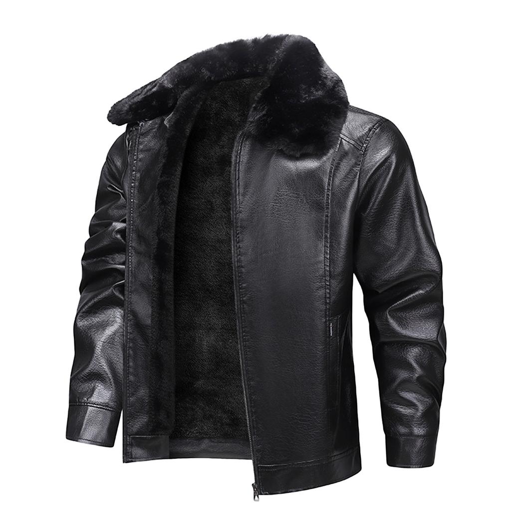 Men's Winter Solid Color Plus Velvet Leather Jacket Men's Casual Jacket