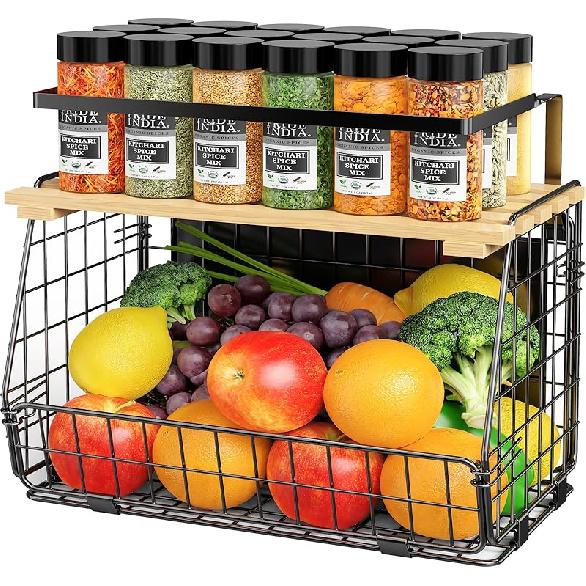 Magnetic Shelf for Fridge: Fruit Potato and Onion Storage Bin - Magnetic Spice Rack for Refrigerator & Kitchen Counter - Pantry Organizers and 1PACK-Black