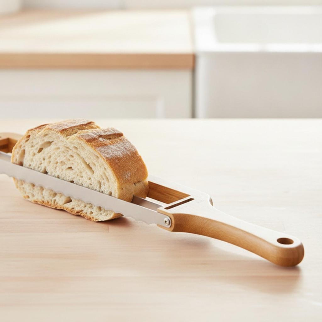 Wooden Bread Slicer | Stainless Steel Cutting, with Adjustable Guide, for Kitchen Style