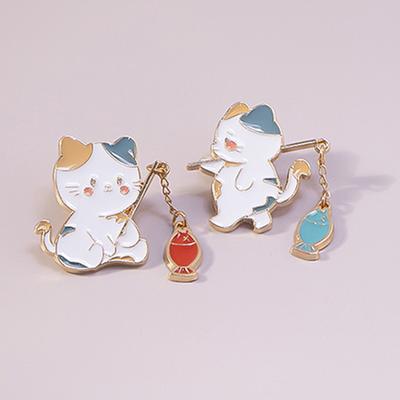 Cartoon Cat Brooch Pins Cat Fishing With Chain Diy Button Pin Denim Jacket Pin