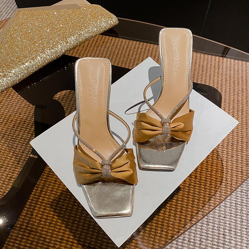 Poplar Woods Rhinestone Square Head Satin High Heel Slippers Celebrity Temperament Thin Heel Champagne Cross Word with Sandals Woman