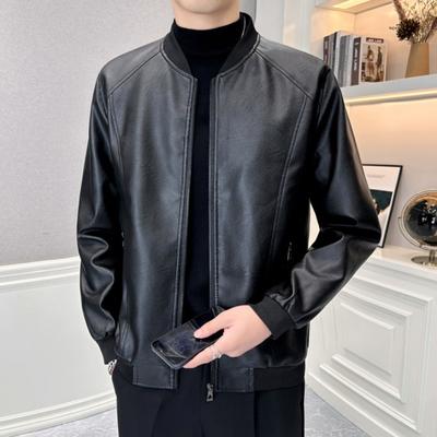 Men's Faux Leather Jacket Slim Fit Zipper Closure Jacket with Baseball Uniform Collar Autumn Winter Warm Jacket for Sports Office Party