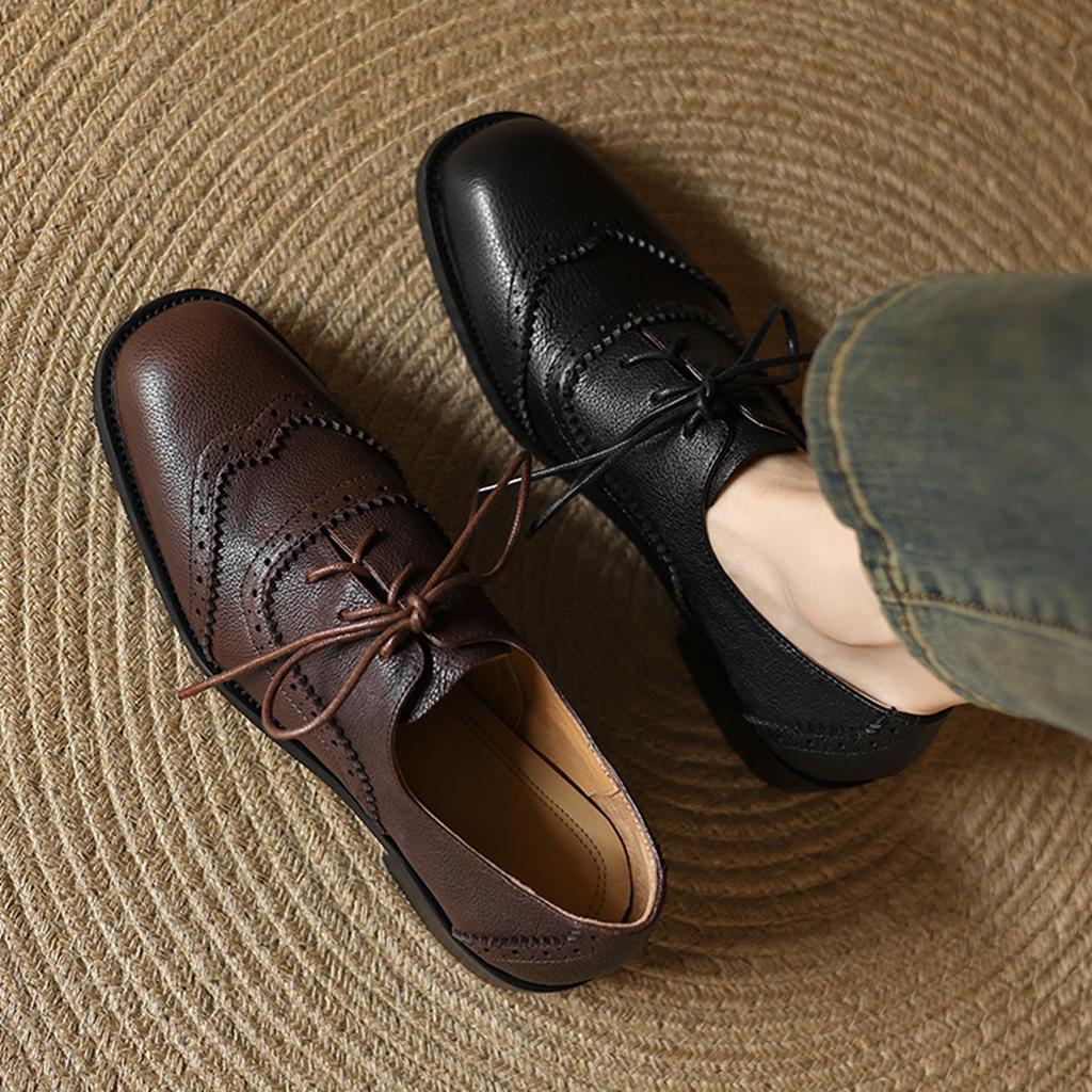 Krazing Pot Cow Skin Autumn Winter Brogues Shoes Lace Up Low Heels Size 42 Round Toe Oxford Shoes Carving Decoration Pumps