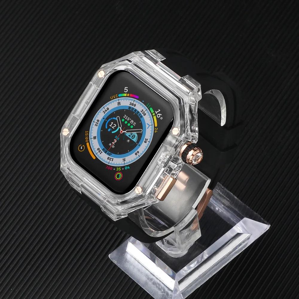Silicone Strap+ Transparent Case for Apple Watch ultra2 49mm 44mm 45mm Sport Band Bezel for iwatch series 9 8 7 SE 6 5 4 Mod Kit