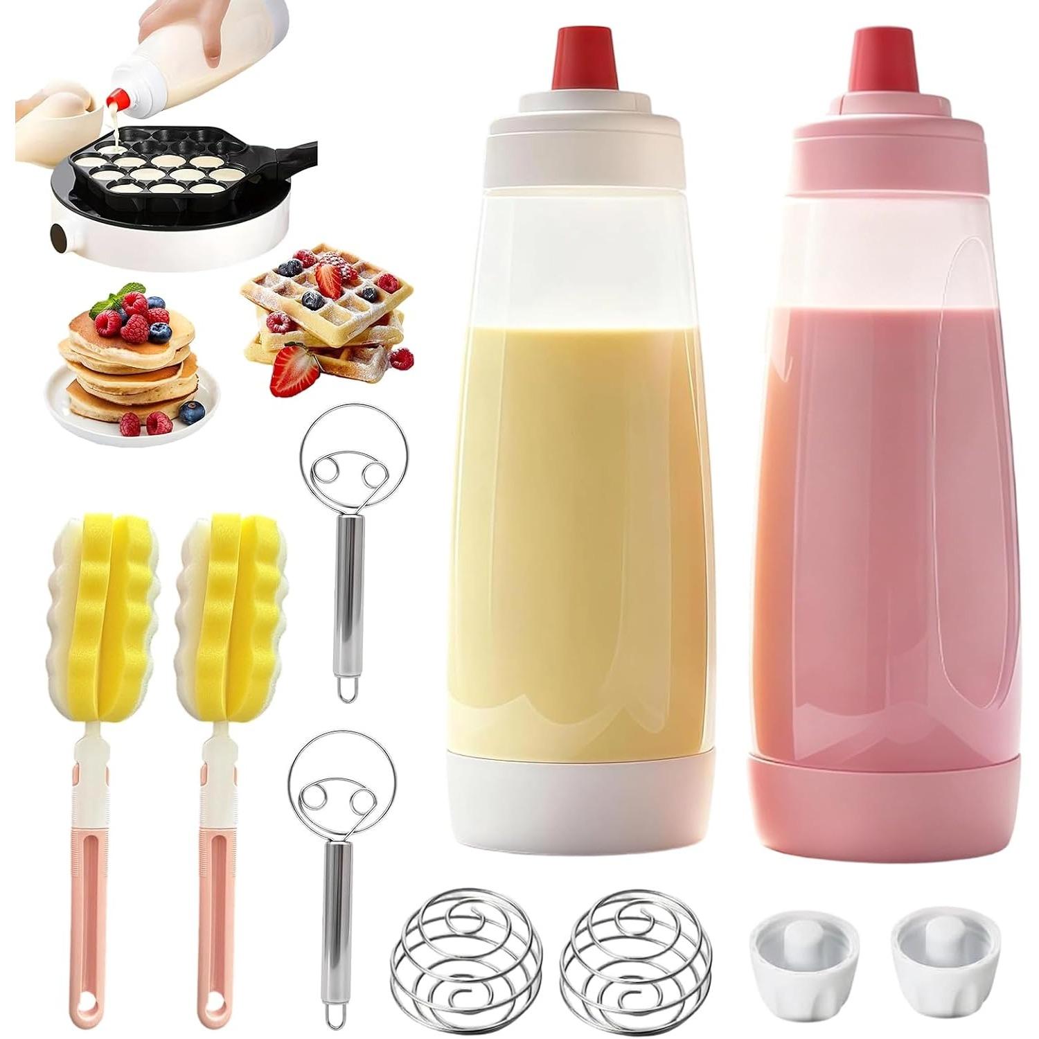 2PCS Pancake Batter Dispenser, 4.5 Cup Pancakes Mixer with Shaker Ball Stainless Steel Whisk and Brush, Pancake Batter Dispenser for Pancakes, Crepes 2PCS
