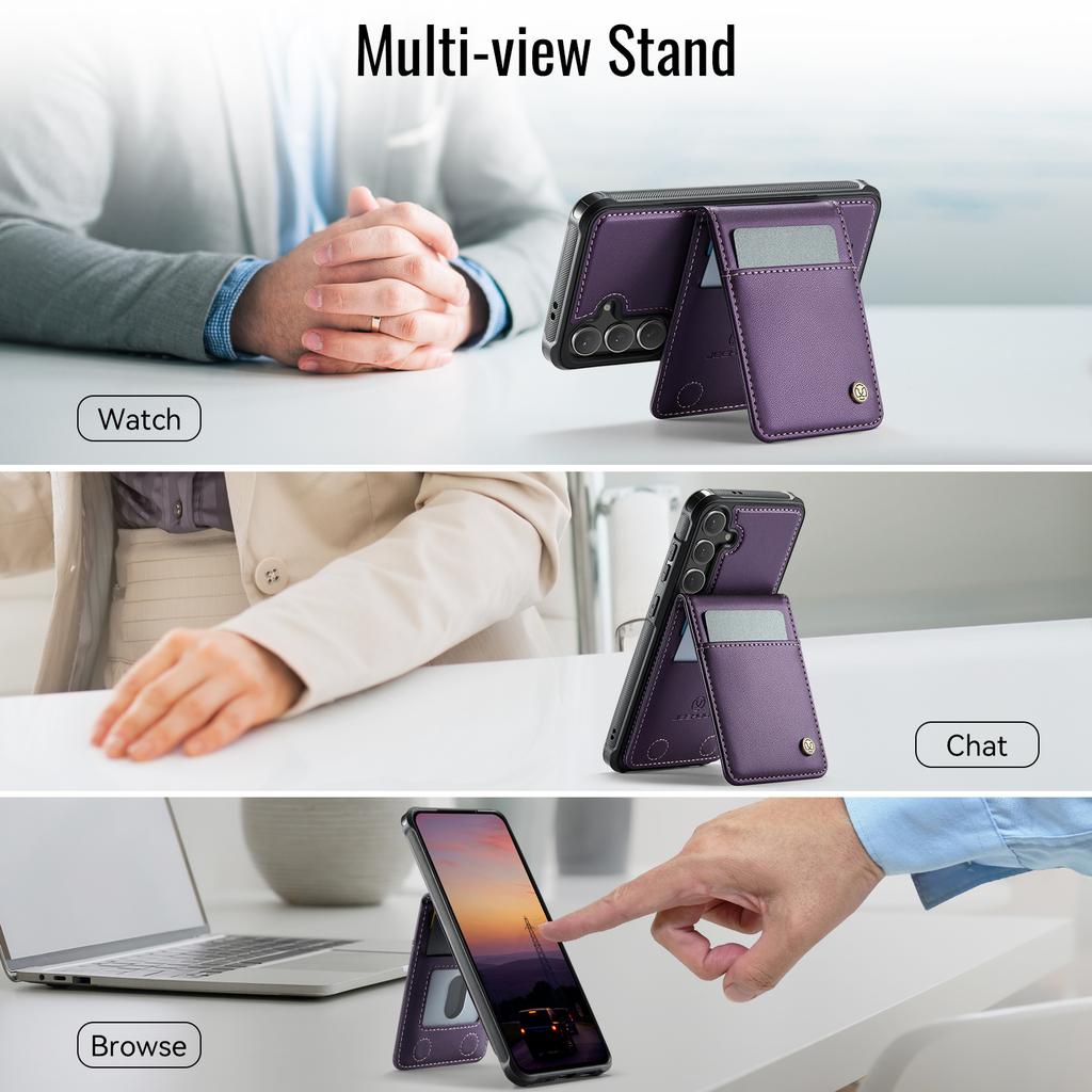 For Samsung Galaxy S24 FE Leather Back Cover Magnetic Case JEEHOOD J06 Phone Case with Card Bag RFID Blocking