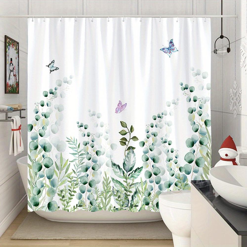 1Pc Green Leaf Butterfly Garden Shower Curtain - Polyester Fabric, Machine Washable, With Hook, Suitable For Bathroom Decoration