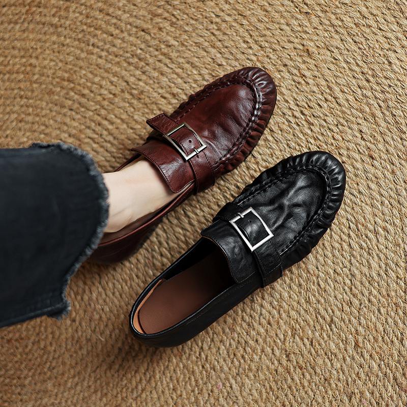Krazing Pot Cow Skin Spring Summer Size 40 Loafers Thick Low Heels Pleated Decoration Women Round Toe Leisure Pumps