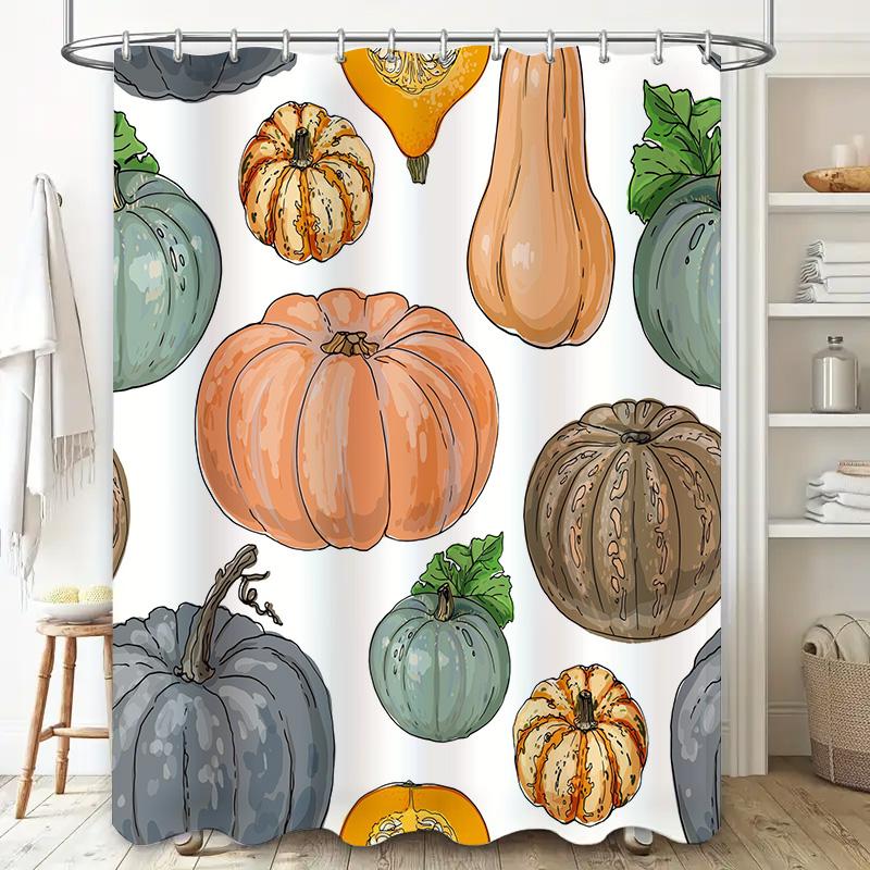 Hand-drawn pumpkin shower curtain colorful autumn leaves design for bathroom decor waterproof fabric made from polyester (blue)